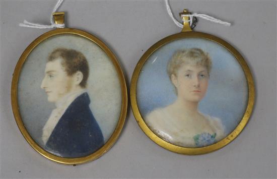 Two gilt-framed head and shoulder miniature portraits, H 6.75cm; Dia 6cm